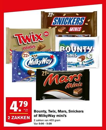 Aanbiedingen Bounty, twix, mars, snickers of milkyway mini`s - Mars Snacks - Geldig van 16/08/2017 tot 22/08/2017 bij Hoogvliet