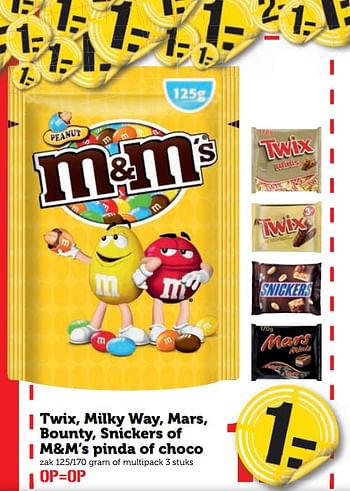 Aanbiedingen Twix, milky way, mars, bounty, snickers of m+m`s pinda of choco - Mars - Geldig van 21/08/2017 tot 27/08/2017 bij Coop