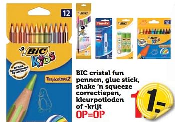 Aanbiedingen Bic cristal fun pennen, glue stick, shake `n squeeze correctiepen, kleurpotloden of -krijt - BIC - Geldig van 21/08/2017 tot 27/08/2017 bij Coop