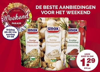 Aanbiedingen Unox soep in zak - Unox - Geldig van 21/08/2017 tot 27/08/2017 bij Aldi
