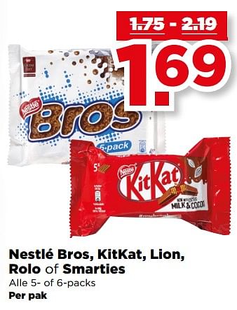 Aanbiedingen Nestlé bros, kitkat, lion, rolo of smarties - Nestlé - Geldig van 20/08/2017 tot 26/08/2017 bij Plus