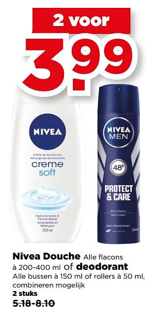 Aanbiedingen Nivea douche of deodorant - Nivea - Geldig van 20/08/2017 tot 26/08/2017 bij Plus