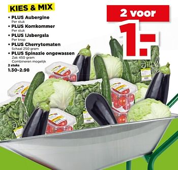 Aanbiedingen Plus aubergine of komkommer of ijsbergsla of cherrytomaten of spinazie ongewassen - Huismerk - Plus - Geldig van 20/08/2017 tot 26/08/2017 bij Plus