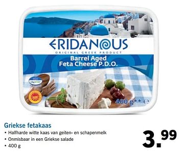 Aanbiedingen Griekse fetakaas - Eridanous - Geldig van 20/08/2017 tot 27/08/2017 bij Lidl