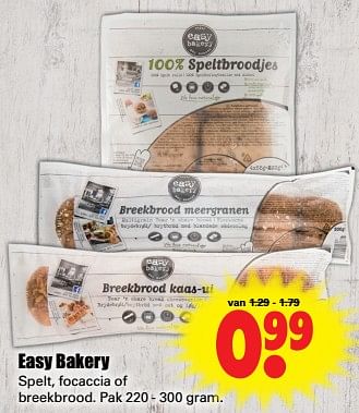 Aanbiedingen Easy bakery spelt, focaccia of breekbrood - Easy Bakery - Geldig van 20/08/2017 tot 26/08/2017 bij Lekker Doen
