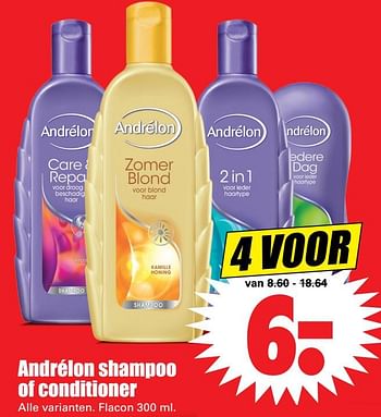 Aanbiedingen Andrélon shampoo of conditioner - Andrelon - Geldig van 20/08/2017 tot 26/08/2017 bij Lekker Doen