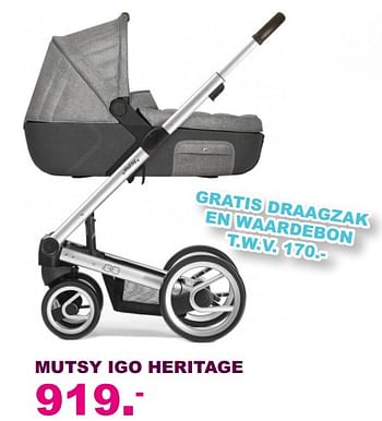 Aanbiedingen Mutsy igo heritage - Mutsy - Geldig van 20/08/2017 tot 10/09/2017 bij Baby & Tiener Megastore