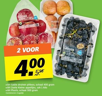Aanbiedingen Sable druiven pitloos, zoete kleine appeltjes, pluots - Huismerk - Albert Heijn - Geldig van 21/08/2017 tot 27/08/2017 bij Albert Heijn