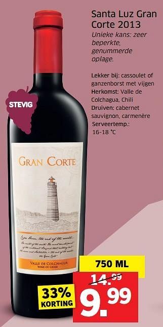 Aanbiedingen Santa luz gran corte 2013 - Rode wijnen - Geldig van 21/08/2017 tot 27/08/2017 bij Lidl