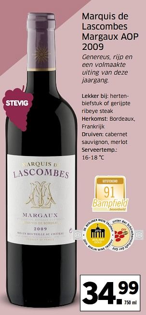 Aanbiedingen Marquis de lascombes margaux aop 2009 - Rode wijnen - Geldig van 21/08/2017 tot 27/08/2017 bij Lidl