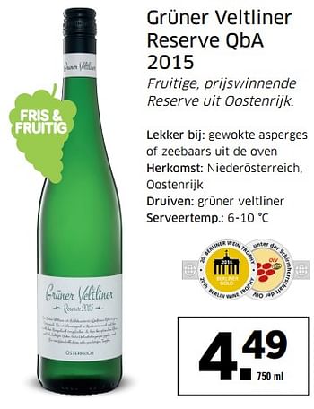 Aanbiedingen Grüner veltliner reserve qba 2015 - Witte wijnen - Geldig van 21/08/2017 tot 27/08/2017 bij Lidl