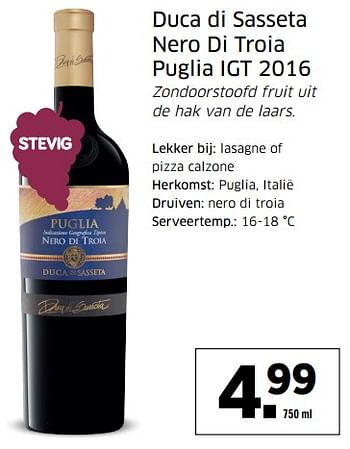 Aanbiedingen Duca di sasseta nero di troia puglia igt 2016 - Rode wijnen - Geldig van 21/08/2017 tot 27/08/2017 bij Lidl