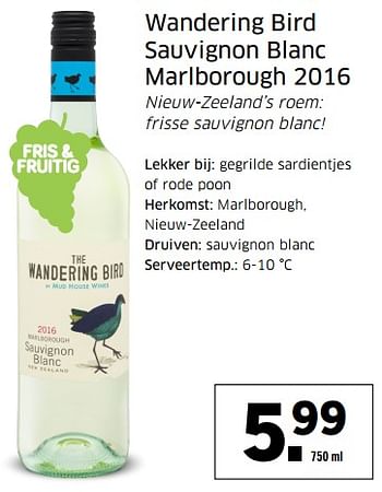 Aanbiedingen Wandering bird sauvignon blanc marlborough 2016 - Witte wijnen - Geldig van 21/08/2017 tot 27/08/2017 bij Lidl
