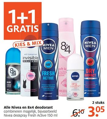 Aanbiedingen Nivea deospray fresh active - Nivea - Geldig van 21/08/2017 tot 27/08/2017 bij Etos