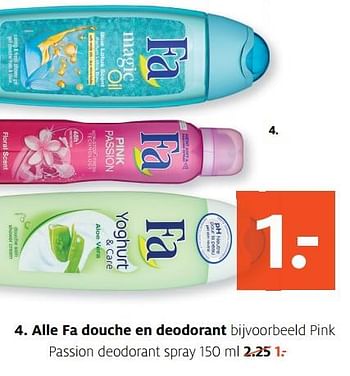 Aanbiedingen Pink passion deodorant spray - Fa - Geldig van 21/08/2017 tot 27/08/2017 bij Etos
