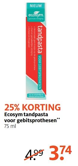 Aanbiedingen Ecosym tandpasta voor gebitsprothesen - Ecosym - Geldig van 21/08/2017 tot 27/08/2017 bij Etos