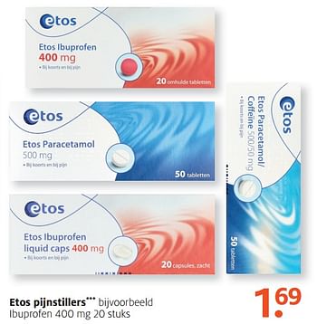 Aanbiedingen Etos pijnstillers ibuprofen - Huismerk - Etos - Geldig van 21/08/2017 tot 27/08/2017 bij Etos