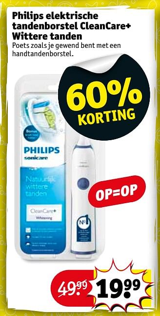 Aanbiedingen Philips elektrische tandenborstel cleancare+ wittere tanden - Philips - Geldig van 22/08/2017 tot 27/08/2017 bij Kruidvat