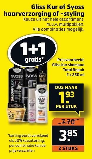 Aanbiedingen Gliss kur shampoo total repair - Syoss - Geldig van 22/08/2017 tot 03/09/2017 bij Trekpleister