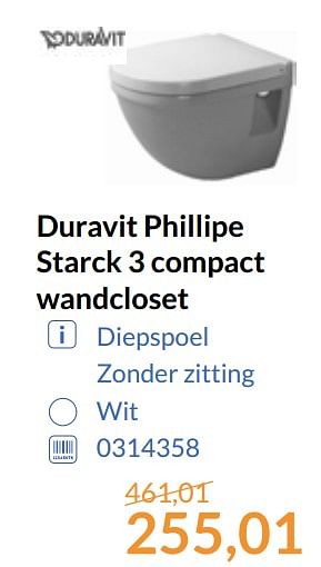 Aanbiedingen Duravit phillipe starck 3 compact wandcloset - Duravit - Geldig van 01/09/2017 tot 30/09/2017 bij Sanitairwinkel