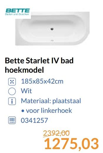 Aanbiedingen Bette starlet iv bad hoekmodel - Bette - Geldig van 01/09/2017 tot 30/09/2017 bij Sanitairwinkel