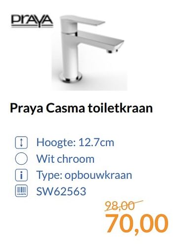 Aanbiedingen Praya casma toiletkraan - Praya - Geldig van 01/09/2017 tot 30/09/2017 bij Sanitairwinkel