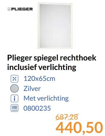 Aanbiedingen Plieger spiegel rechthoek inclusief verlichting - Plieger - Geldig van 01/09/2017 tot 30/09/2017 bij Sanitairwinkel