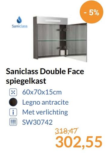 Aanbiedingen Saniclass double face spiegelkast - Saniclass - Geldig van 01/09/2017 tot 30/09/2017 bij Sanitairwinkel