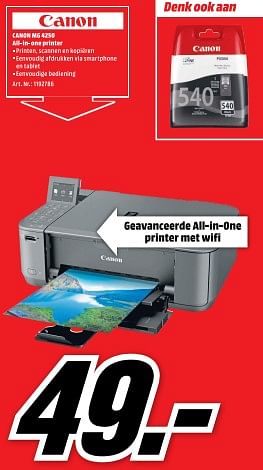 Aanbiedingen Canon mg 4250 all-in-one printer - Canon - Geldig van 21/08/2017 tot 27/08/2017 bij Media Markt