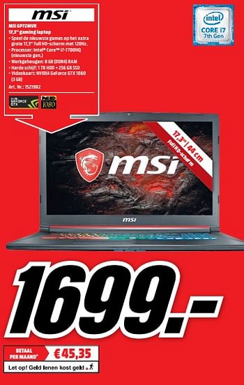 Aanbiedingen Msi gp72mvr gaming laptop - MSI - Geldig van 21/08/2017 tot 27/08/2017 bij Media Markt