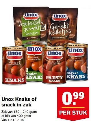 Aanbiedingen Unox knaks of snack in zak - Unox - Geldig van 23/08/2017 tot 29/08/2017 bij Hoogvliet