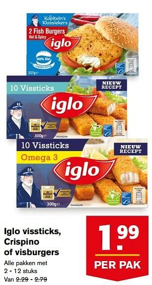Aanbiedingen Iglo vissticks, crispino of visburgers - Iglo - Geldig van 23/08/2017 tot 29/08/2017 bij Hoogvliet