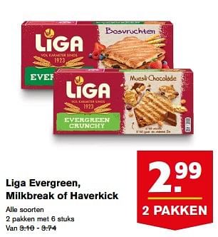 Aanbiedingen Liga evergreen, milkbreak of haverkick - Liga - Geldig van 23/08/2017 tot 29/08/2017 bij Hoogvliet