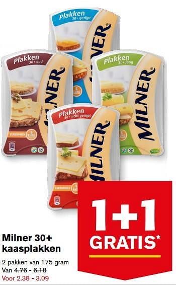 Aanbiedingen Milner 30+ kaasplakken - Milner - Geldig van 23/08/2017 tot 29/08/2017 bij Hoogvliet