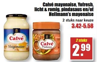 Aanbiedingen Calvé mayonaise, yofresh, licht + romig, pindasaus en-of hellmann`s mayonaise - Calve - Geldig van 21/08/2017 tot 26/08/2017 bij MCD Supermarkten