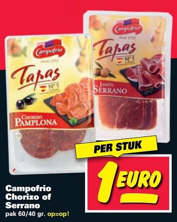 Aanbiedingen Campofrio chorizo of serrano - Campofrio - Geldig van 21/08/2017 tot 27/08/2017 bij Nettorama
