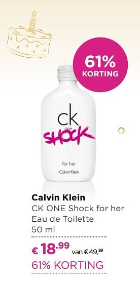 Aanbiedingen Calvin klein ck one shock for her eau de toilette - Calvin Klein - Geldig van 21/08/2017 tot 10/09/2017 bij Ici Paris XL