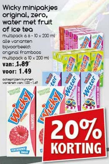 Aanbiedingen Wicky minipokjes orignal, zero, water met fruit of ice tea - Wicky - Geldig van 21/08/2017 tot 26/08/2017 bij Agrimarkt