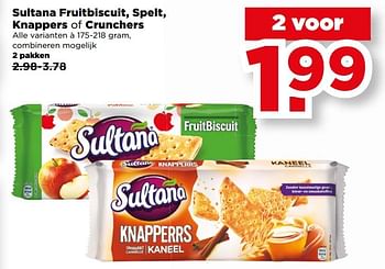 Aanbiedingen Sultana fruitbiscuit, spelt, knappers of crunchers - Sultana - Geldig van 27/08/2017 tot 02/09/2017 bij Plus