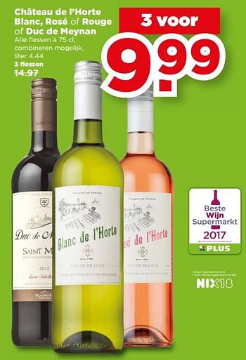 Aanbiedingen Château de l`horte blanc, rosé of rouge of duc de meynan - Witte wijnen - Geldig van 27/08/2017 tot 02/09/2017 bij Plus