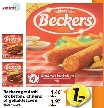 Aanbiedingen Beckers goulash kroketten, chileno of gehaktstaven - Beckers - Geldig van 28/08/2017 tot 03/09/2017 bij Coop