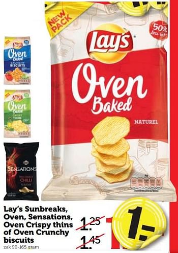 Aanbiedingen Lay`s sunbreaks, oven, sensations, oven crispy thins of oven crunchy biscuits - Lay's - Geldig van 28/08/2017 tot 03/09/2017 bij Coop