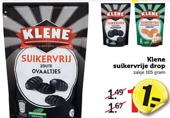 Aanbiedingen Klene suikervrije drop - Klene - Geldig van 28/08/2017 tot 03/09/2017 bij Coop