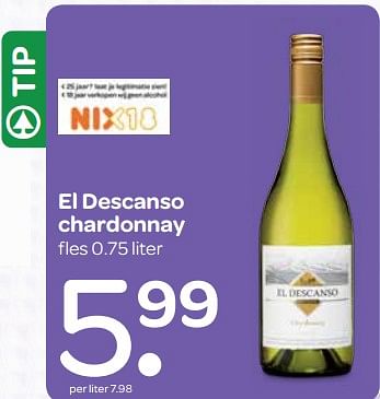Aanbiedingen El descanso chardonnay - Witte wijnen - Geldig van 24/08/2017 tot 06/09/2017 bij Spar