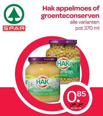 Aanbiedingen Hak appelmoes of groenteconserven - Hak - Geldig van 24/08/2017 tot 06/09/2017 bij Spar