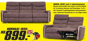 Aanbiedingen Model ruby met 2 relaxelementen - Huismerk - Seats and Sofas - Geldig van 28/08/2017 tot 02/09/2017 bij Seats and Sofas