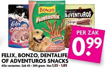 Aanbiedingen Felix, bonzo, dentalife of adventuros snacks - Purina - Geldig van 27/08/2017 tot 02/09/2017 bij Deka Markt