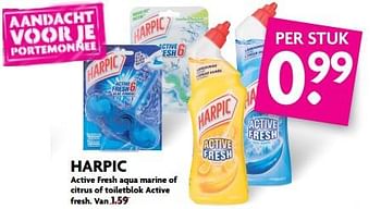 Aanbiedingen Harpic active fresh aqua marine of citrus of toiletblok active fresh - Harpic - Geldig van 27/08/2017 tot 02/09/2017 bij Deka Markt