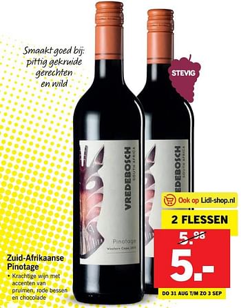 Aanbiedingen Zuid-afrikaanse pinotage - Rode wijnen - Geldig van 27/08/2017 tot 03/09/2017 bij Lidl