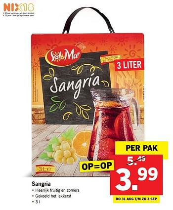 Aanbiedingen Sangria - Sol &amp; Mar - Geldig van 27/08/2017 tot 03/09/2017 bij Lidl